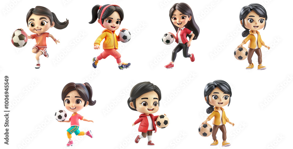 Asian man mascot playing football, 3D cartoon illustration, isolated on transparent background, cute animated style, beautiful colors, generative ai