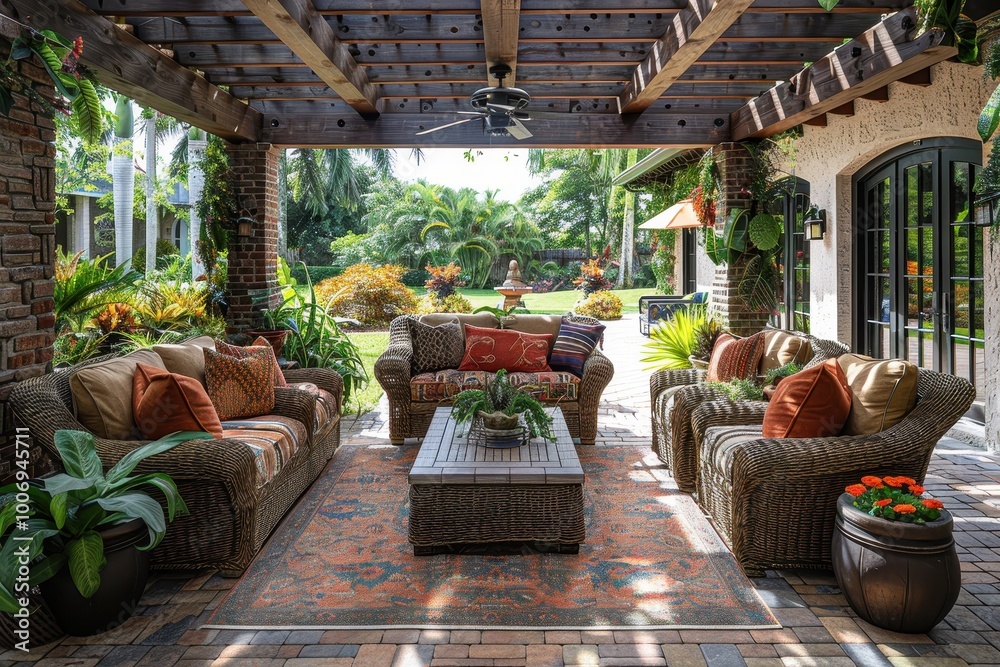 Fototapeta premium Tropical Outdoor Patio An inviting outdoor patio with wicker furniture, colorful cushions, and lots of tropical plants. Add a pergola with climbing vines and a view of the garden.