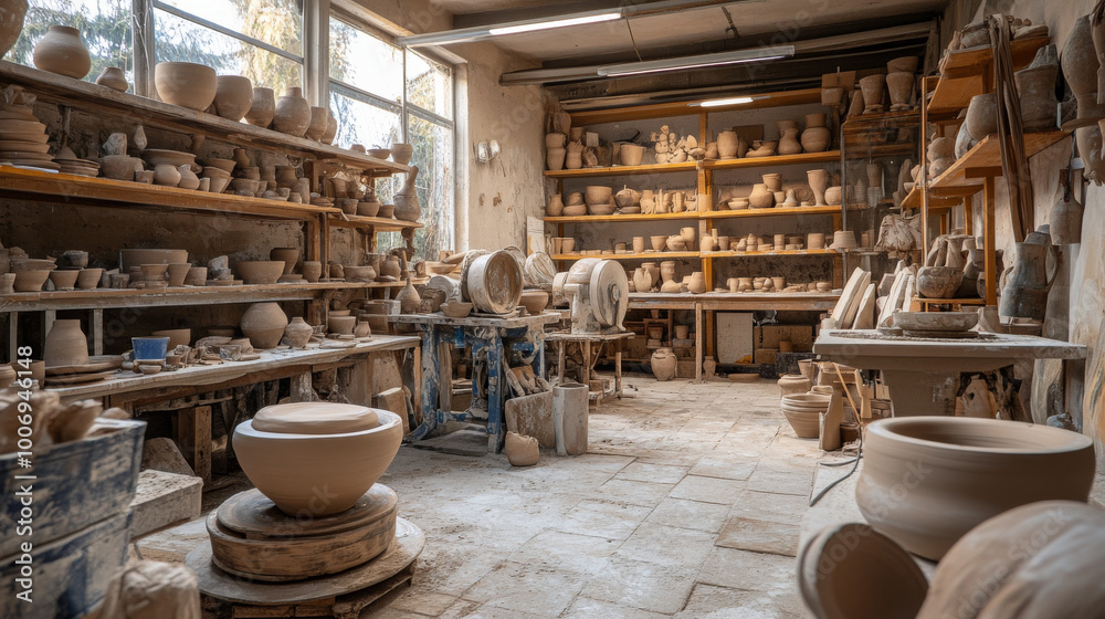 Artisanal pottery studio, filled with clay, pottery wheels, and finished ceramic pieces, showing the craftsmanship process Artisanal pottery studio, filled with clay, pottery wheels, and finished ceramic pieces, showing the craftsmanship process
