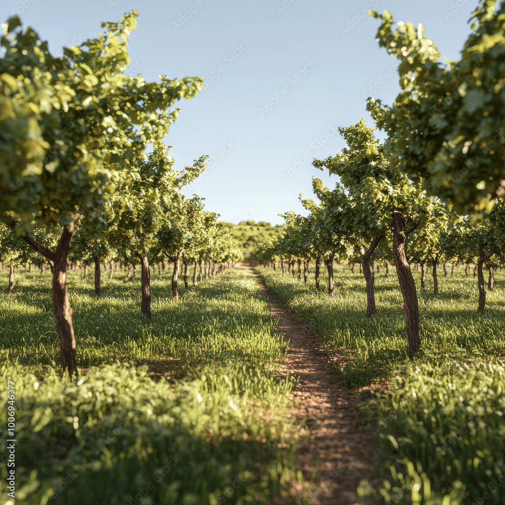 Naklejka premium serene vineyard landscape featuring rows of lush grapevines stretching into distance, surrounded by vibrant green grass under clear blue sky. peaceful atmosphere invites sense of tranquility and
