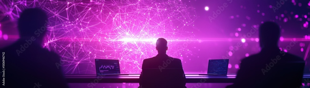 A figure sits before a vibrant purple backdrop filled with dynamic particles, suggesting a futuristic or technological theme. A figure sits before a vibrant purple backdrop filled with dynamic particles, suggesting a futuristic or technological theme.