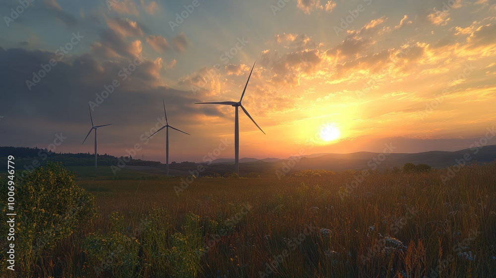 Fototapeta premium A wind farm with three wind turbines and a sun setting in the background