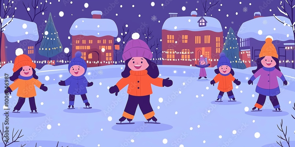 Naklejka premium A group of children ice skating on a festive outdoor rink during winter, wearing bright winter clothing in orange and purple
