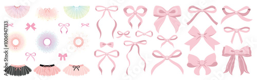 Vector Illustrations of pink vintage bow set. Bow for girly hair decor, flat icons. Pink, white, black tutu, flat illustrations. Little ballet dancer soft colors tutu with little bow,classical ballet 
