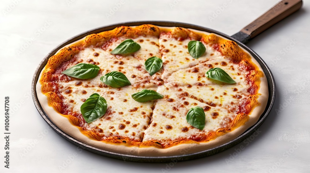 Margarita pizza, sizzling cheese, fresh basil leaves, 3D illustration