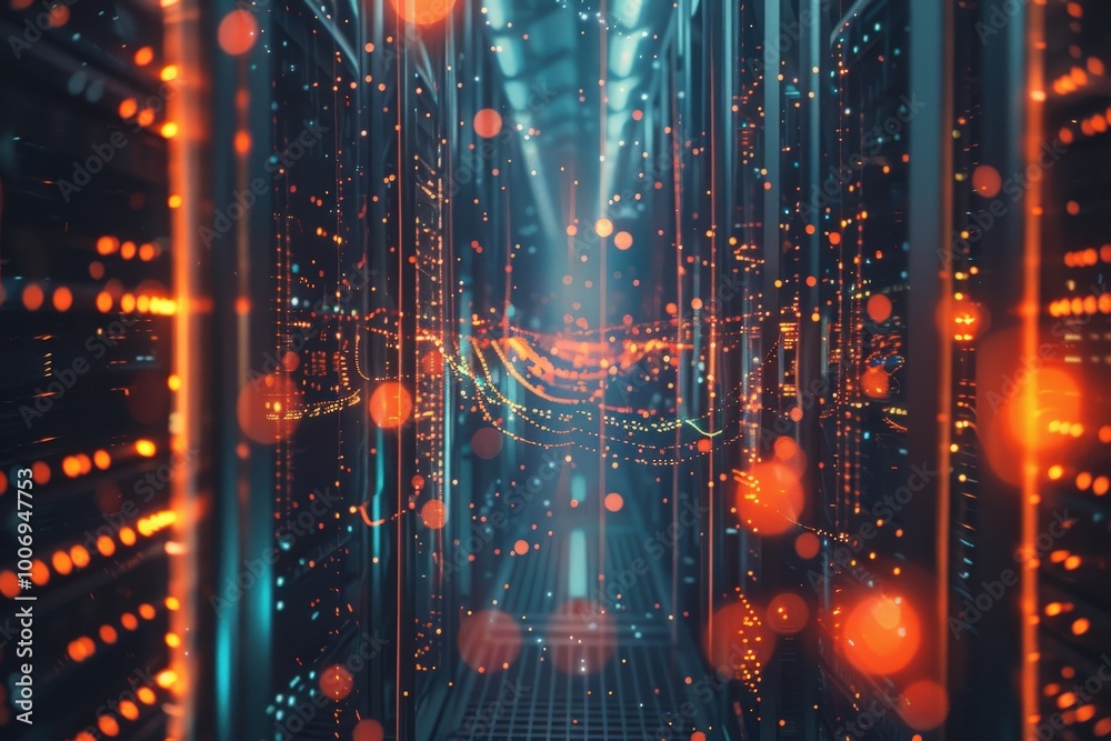 Obraz premium A computer server room with a bright orange light shining down on it, generative ai image
