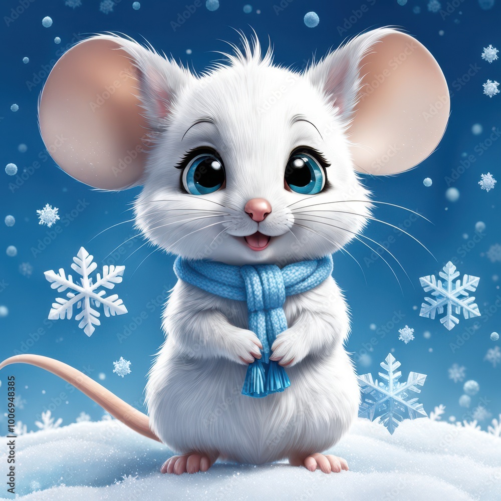Obraz premium A cute white mouse with large ears and a blue scarf stands in the snow with snowflakes around.