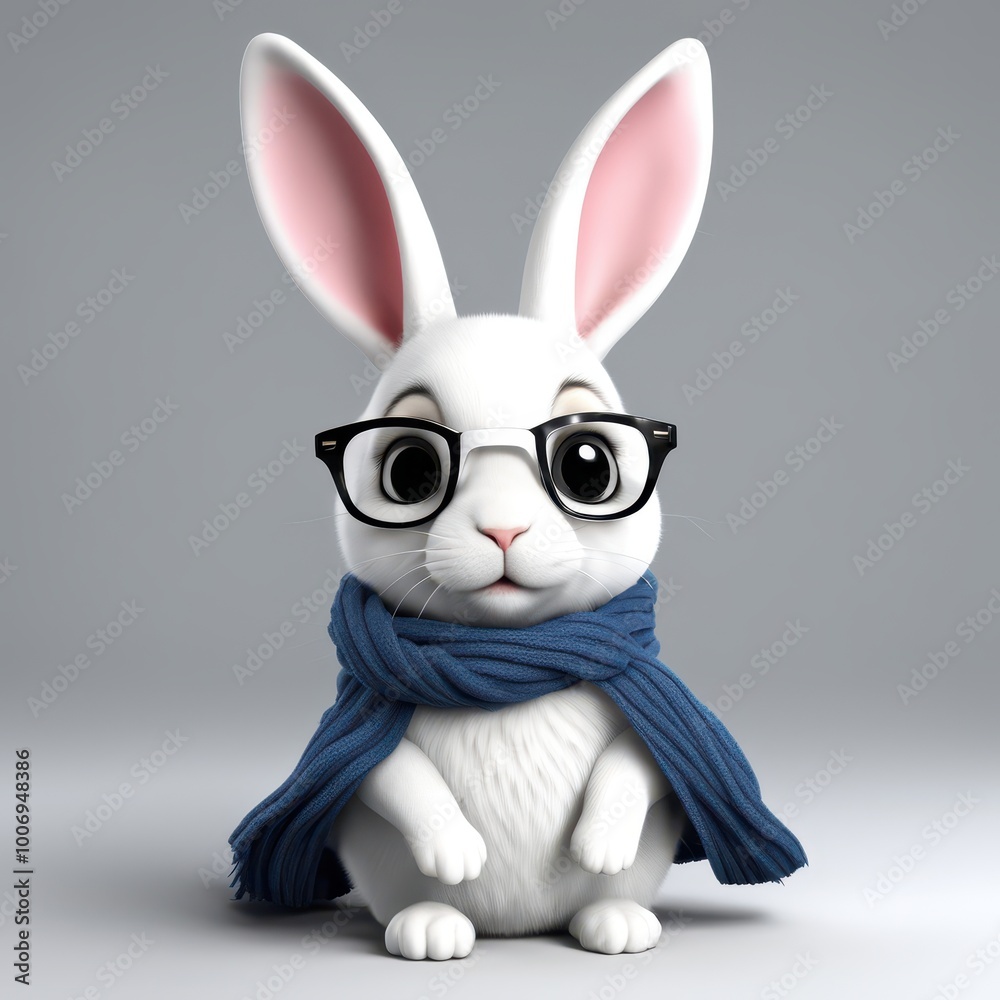 Obraz premium A cute, cartoon-style rabbit wearing glasses and a scarf, exuding a friendly vibe.
