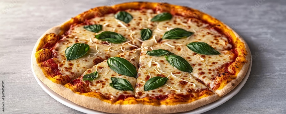 Margarita pizza topped with basil, melted cheese strands, 3D illustration Margarita pizza topped with basil, melted cheese strands, 3D illustration