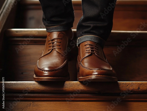 Stylish Brown Leather Shoes Stepping Elegantly on Wooden Stairs