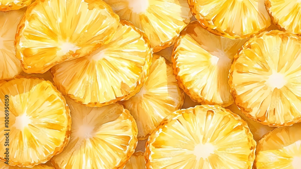 A close-up, detailed watercolor painting pattern of golden yellow pineapple rings, rendered in vibrant natural colors