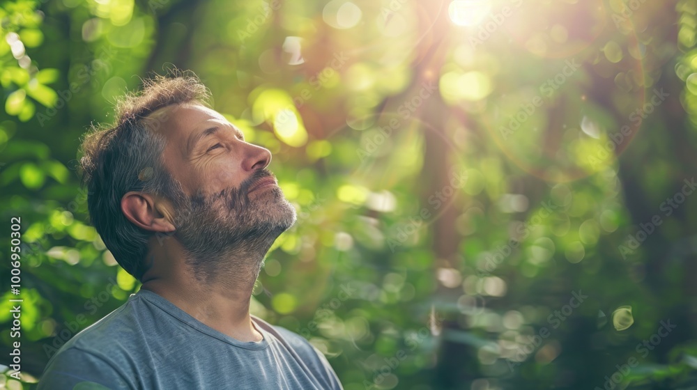 Fototapeta premium A man is looking up at the sky in a forest