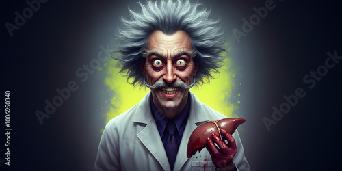 Crazy Mad Scientist Doctor with Liver, Science Image, Intense Wild Hair, Medical Graphic