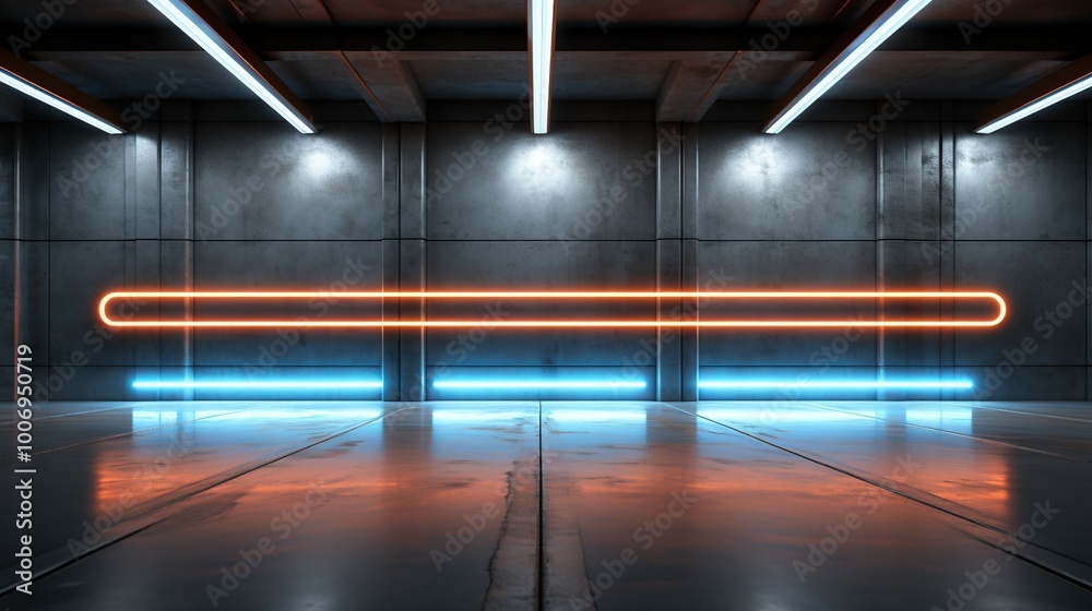 Fototapeta premium 3D rendering of an empty room with neon lights on a wall
