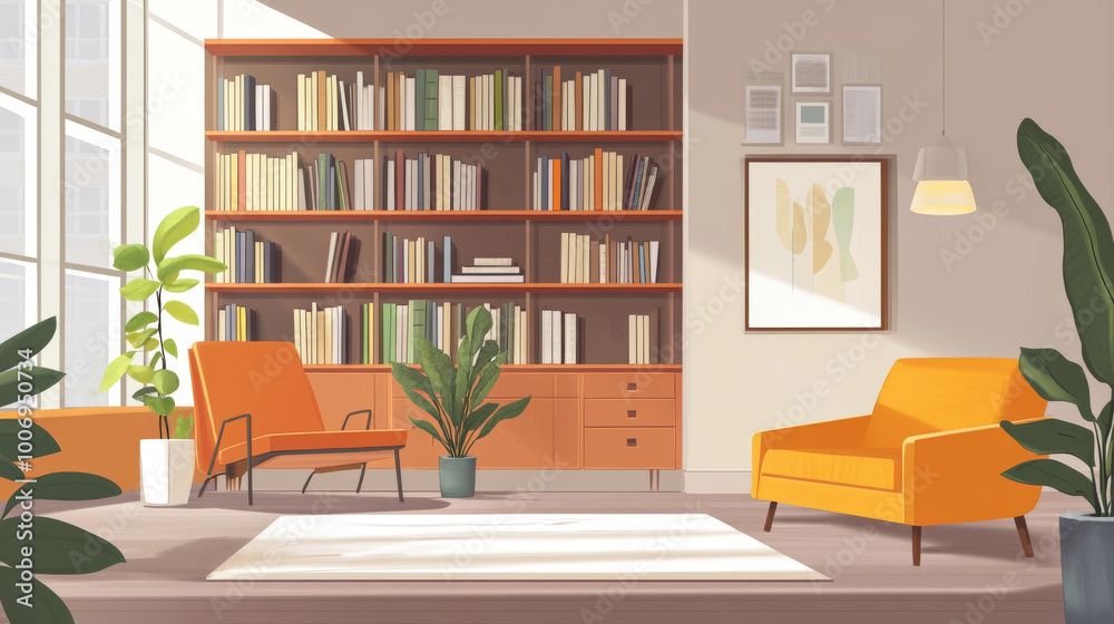 Homey virtual office background with a blend of modern and cozy elements, including bookshelves, plants, and comfortable seating Homey virtual office background with a blend of modern and cozy elements, including bookshelves, plants, and comfortable seating