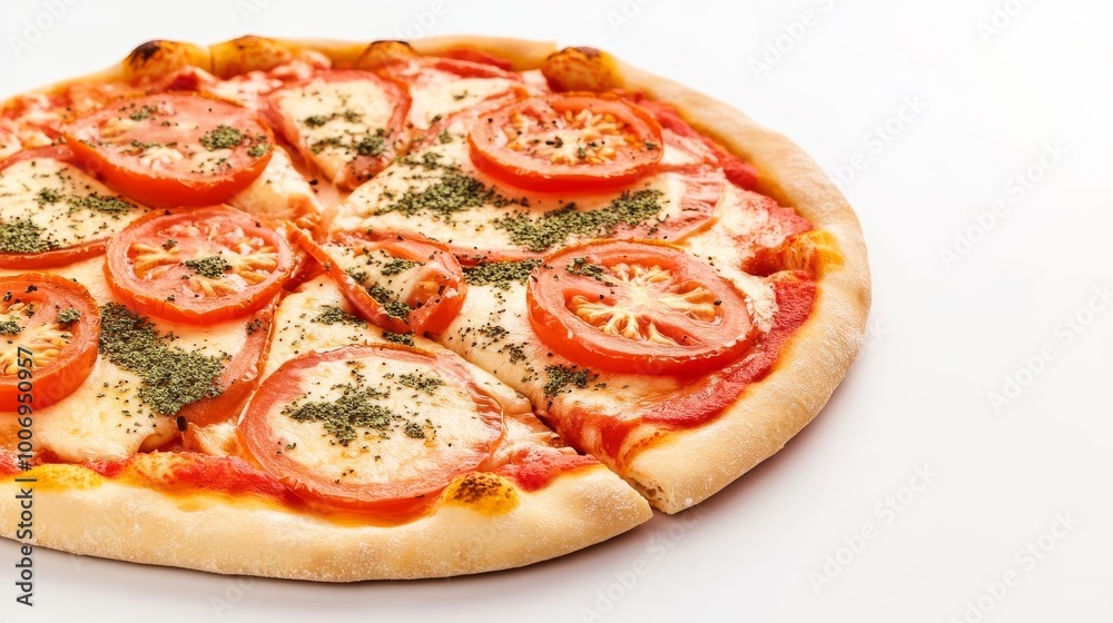 Thin crust pizza, sliced tomatoes, oregano flakes, 3D illustration Thin crust pizza, sliced tomatoes, oregano flakes, 3D illustration
