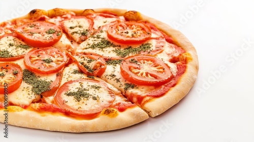 Thin crust pizza, sliced tomatoes, oregano flakes, 3D illustration