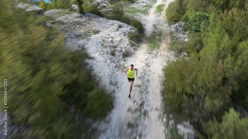 Runner running fast in shorts and T-shirt on mountain road with trees and beautiful scenery in background on sunny day, drone shot from front Runner running fast in shorts and T-shirt on mountain road with trees and beautiful scenery in background on sunny day, drone shot from front