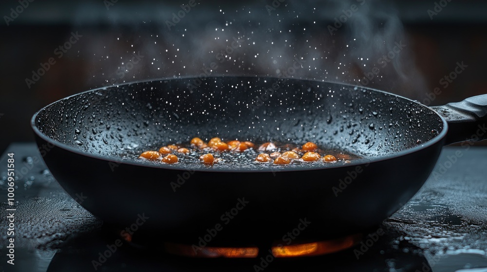Frying chickpeas in a black pan with steam rising Frying chickpeas in a black pan with steam rising
