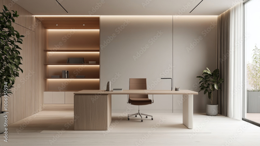 Minimalist office design, open space layout, wooden desk, ergonomic chair, neutral color palette, soft lighting, Scandinavian style Minimalist office design, open space layout, wooden desk, ergonomic chair, neutral color palette, soft lighting, Scandinavian style