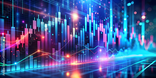 Wallpaper Mural Digital Currency: A mesmerizing abstract visualization of financial growth with vibrant neon lines, gradients, and glowing data points against a deep, dark background. Torontodigital.ca