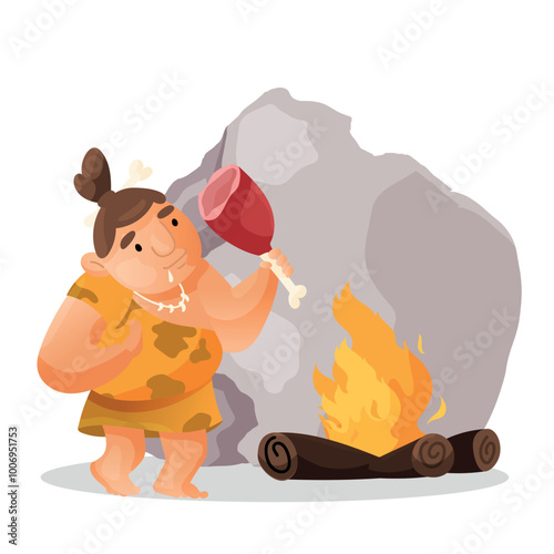 prehistoric woman eats a ham near a built-up fire by a rock. A caveman eats near a flame. Funny vector cartoon image in flat style
