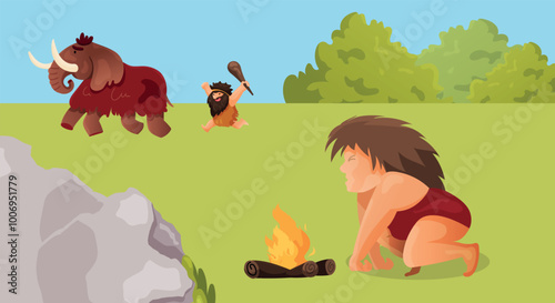 prehistoric woman makes a fire. Caveman chasing a mammoth in the background. Neanderthal people are busy hunting animals. Vector funny image in flat style