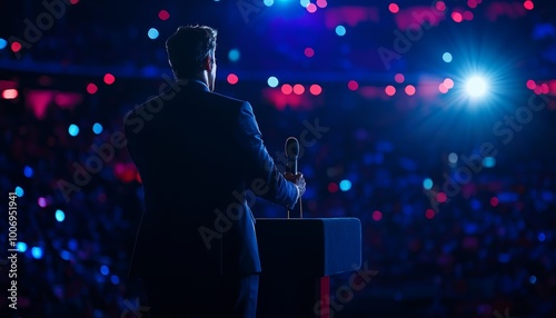 A leader standing on a podium, delivering a speech with visible passion and conviction to a large crowd