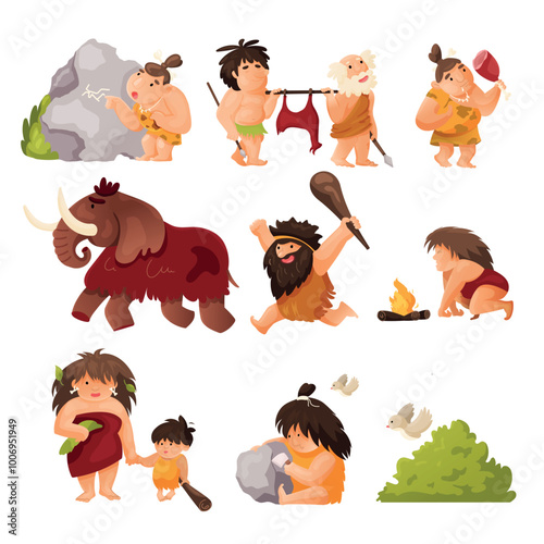 Prehistoric Characters Set. Cavemen in everyday life. Neanderthal men and women cooking, hunting mammoth, making fire, rock painting, stone crafting, etc. Funny cartoon characters in vector flat style
