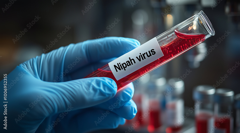 Fototapeta premium Hand in blue gloves holding a test tube with a red liquid, and the text 