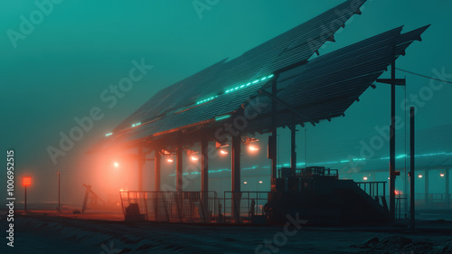 Futuristic Train Station Platform with Neon Lights, Atmospheric Glow, Nighttime Scene, Foggy and Mysterious Ambiance, Architectural Design, No Trains or People, Low-Light Conditions photo