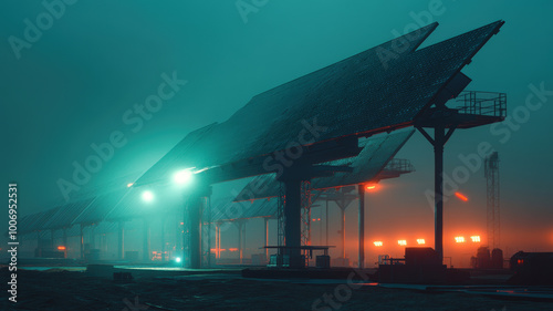 Futuristic Train Station Platform with Neon Lights, Atmospheric Glow, Nighttime Scene, Foggy and Mysterious Ambiance, Architectural Design, No Trains or People, Low-Light Conditions photo