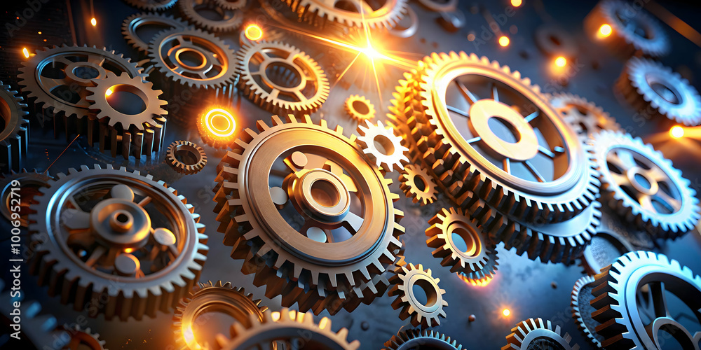 Precisely Engineered Gears: A mesmerizing close-up of intricate, metallic gears interlocked in perfect harmony, sparks of energy illuminating their complex mechanism. Precisely Engineered Gears: A mesmerizing close-up of intricate, metallic gears interlocked in perfect harmony, sparks of energy illuminating their complex mechanism.