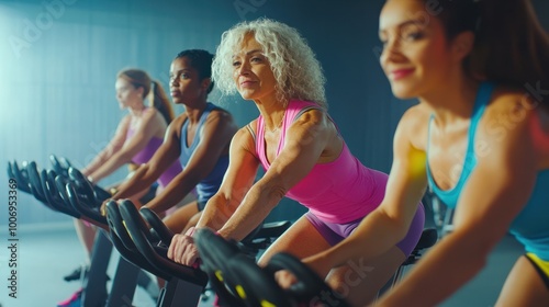 Group of women of different ages and races during cycling workout. Group fitness classes on exercise bikes. Workouts for any age. Be healthy in any age. Photo against a bright, gym studio background