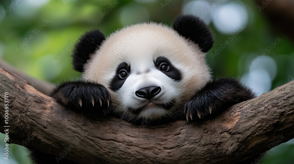 Obraz premium Playful panda cub resting on a tree branch