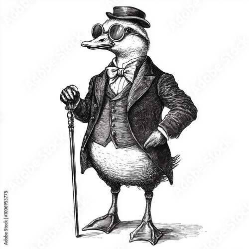 Duck Wearing Suit, Bowler Hat, Glasses, and Walking Stick - Black Vintage Engraving on White Background, Modern Retro Woodcut Style, Stylish Funny Gentlemen Duck Mascot