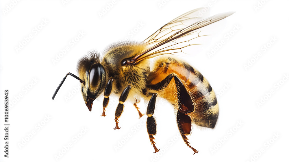Close-up of a worker honeybee displaying its intricate features on a white background