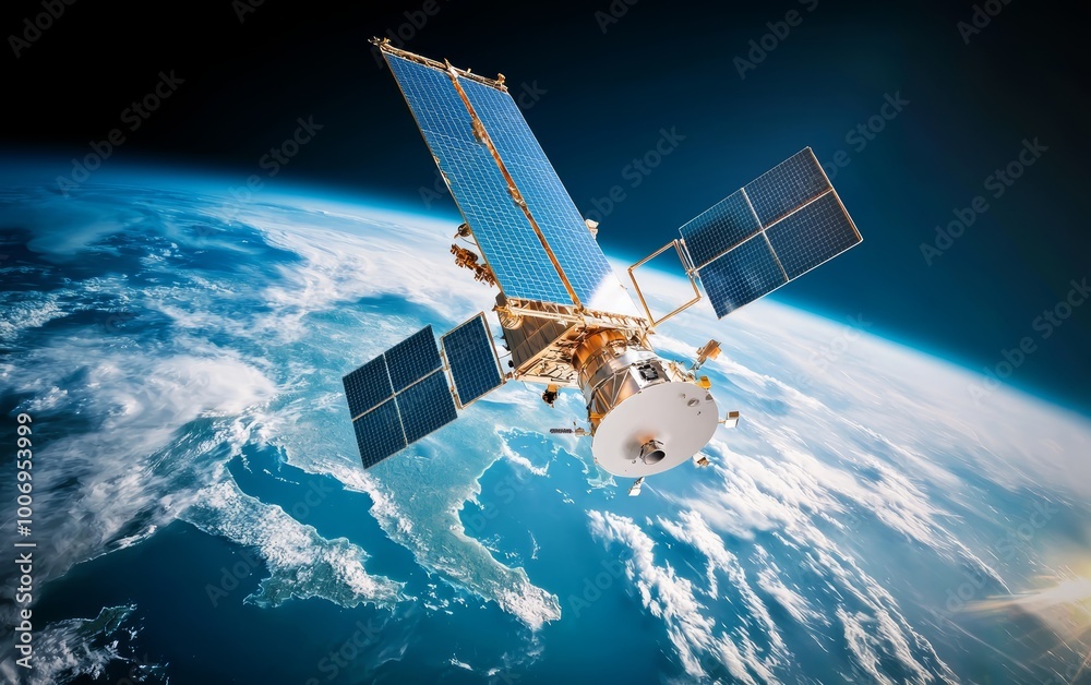 Fototapeta premium A telecommunication satellite hovering over Earth, with data streams visible from space, connecting continents