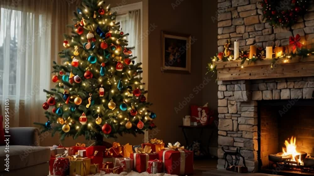 christmas tree and fireplace in living room