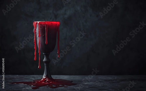 A vampire s goblet filled with dark red liquid, surrounded by dripping candle wax photo