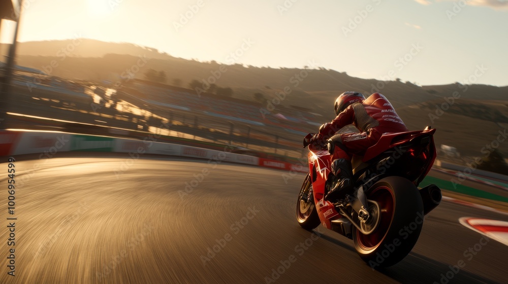 A motorcyclist navigates a sharp turn on a track, leaning into the curve with full gear on. The motion blur emphasizes speed and intensity against a backdrop of blurred barriers A motorcyclist navigates a sharp turn on a track, leaning into the curve with full gear on. The motion blur emphasizes speed and intensity against a backdrop of blurred barriers