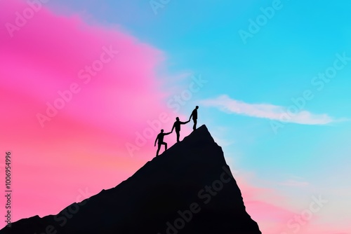 Corporate figures reaching the top of a mountain together, hand in hand under a colorful sky, symbolizing achievement and support photo