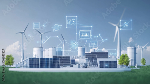 Technologically advanced renewable energy plant featuring smart solar grids, wind turbines, and data analytics driving energy efficiency