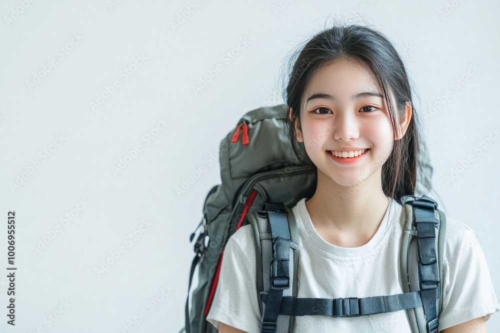 Young beautiful Asian girl with backpack, smiling, tight facial features, rich facial details, white background, portrait photography, extreme quality, HD details, 8k Young beautiful Asian girl with backpack, smiling, tight facial features, rich facial details, white background, portrait photography, extreme quality, HD details, 8k