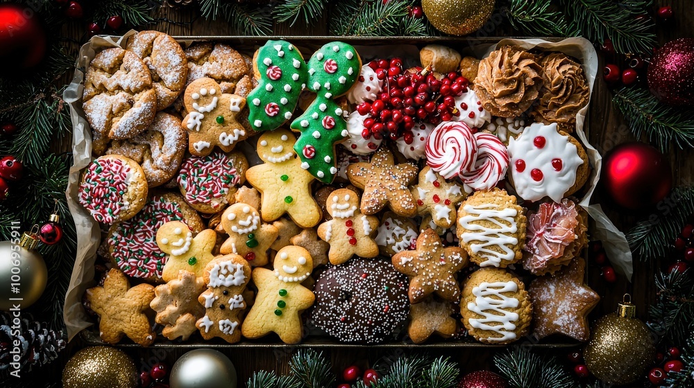 Fototapeta premium A beautiful top-down view of a holiday cookie tray filled with festive cookies: gingerbread men, sugar cookies, and shortbread, surrounded by pine branches and Christmas ornaments.