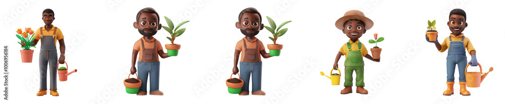 Black man mascot gardening, 3D cartoon illustration, isolated on transparent background, cute animated style, beautiful colors, generative ai Black man mascot gardening, 3D cartoon illustration, isolated on transparent background, cute animated style, beautiful colors, generative ai