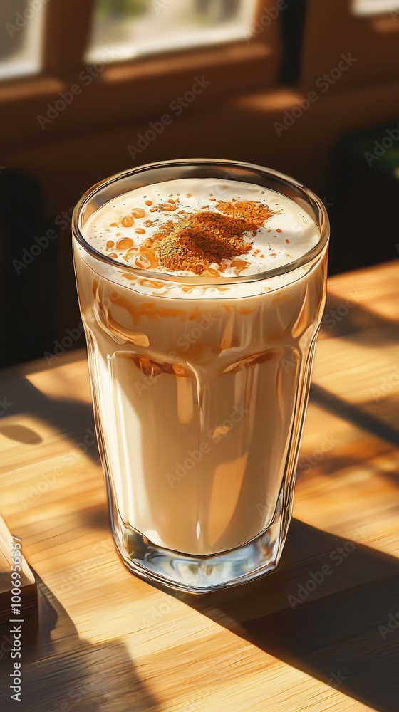 A glass of milk tea with brown powder on top, placed on the table in an American style kitchen A glass of milk tea with brown powder on top, placed on the table in an American style kitchen
