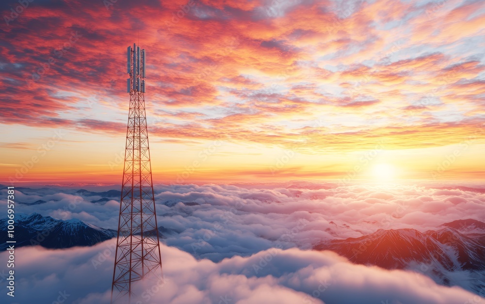 Towering communication structure against a vibrant sunset, soft clouds and distant mountains, serene and futuristic landscape Towering communication structure against a vibrant sunset, soft clouds and distant mountains, serene and futuristic landscape