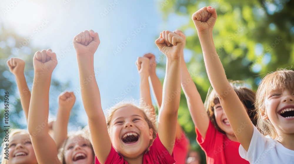 Jubilant family members with raised fists celebrating a moment at a sports game Jubilant family members with raised fists celebrating a moment at a sports game
