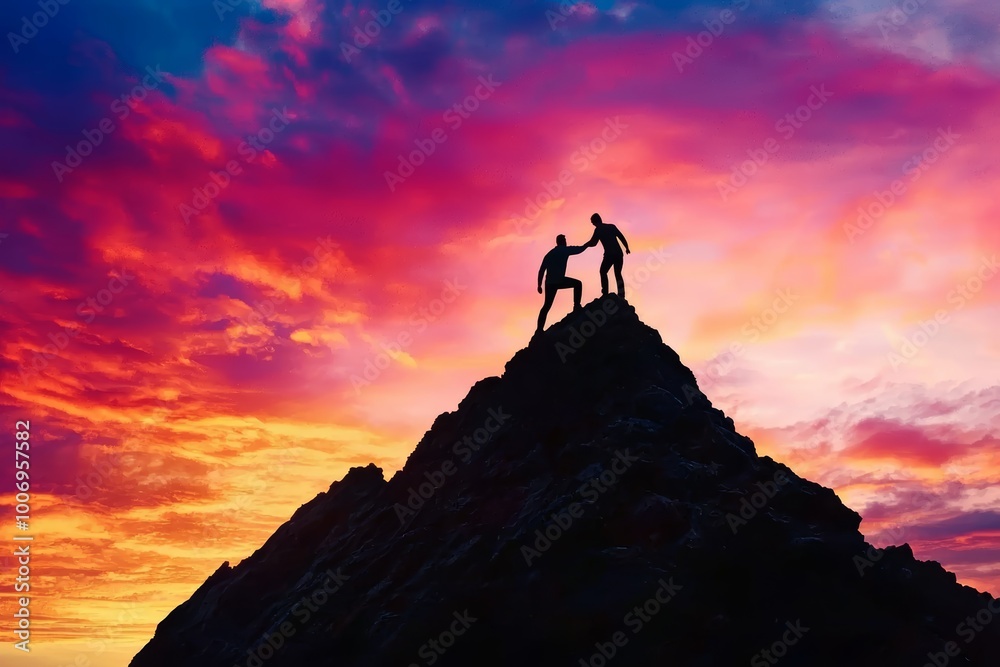 Two business professionals on a mountain peak, one helping the other climb, symbolizing teamwork and success under a vibrant sky Two business professionals on a mountain peak, one helping the other climb, symbolizing teamwork and success under a vibrant sky